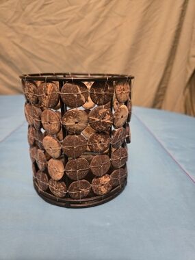 MARKET BAZAAR Brown metal button-like candleholder Glass insert 4 5/8"Hx4"W ~NEW
